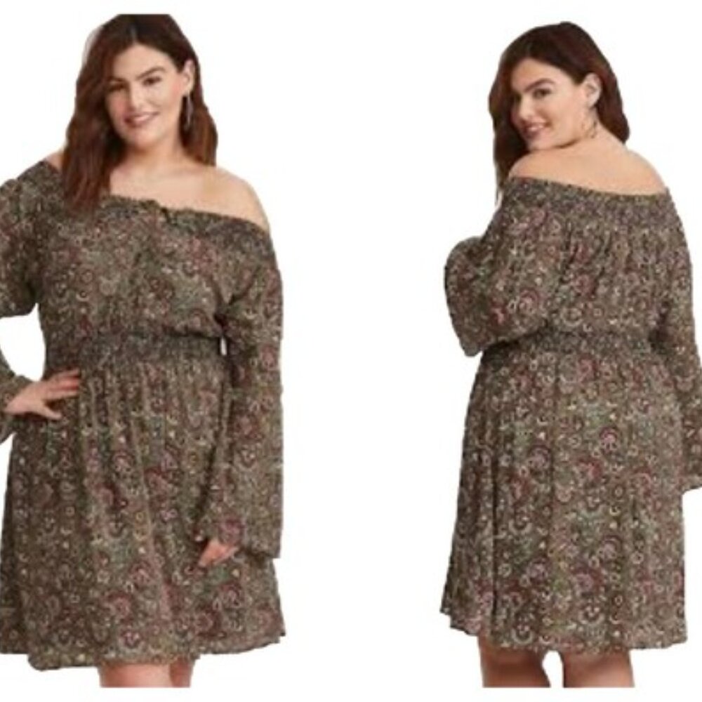 Torrid, Paisley Dress, Bell Sleeves, 2X, Army Green with Floral, Off Shoulder